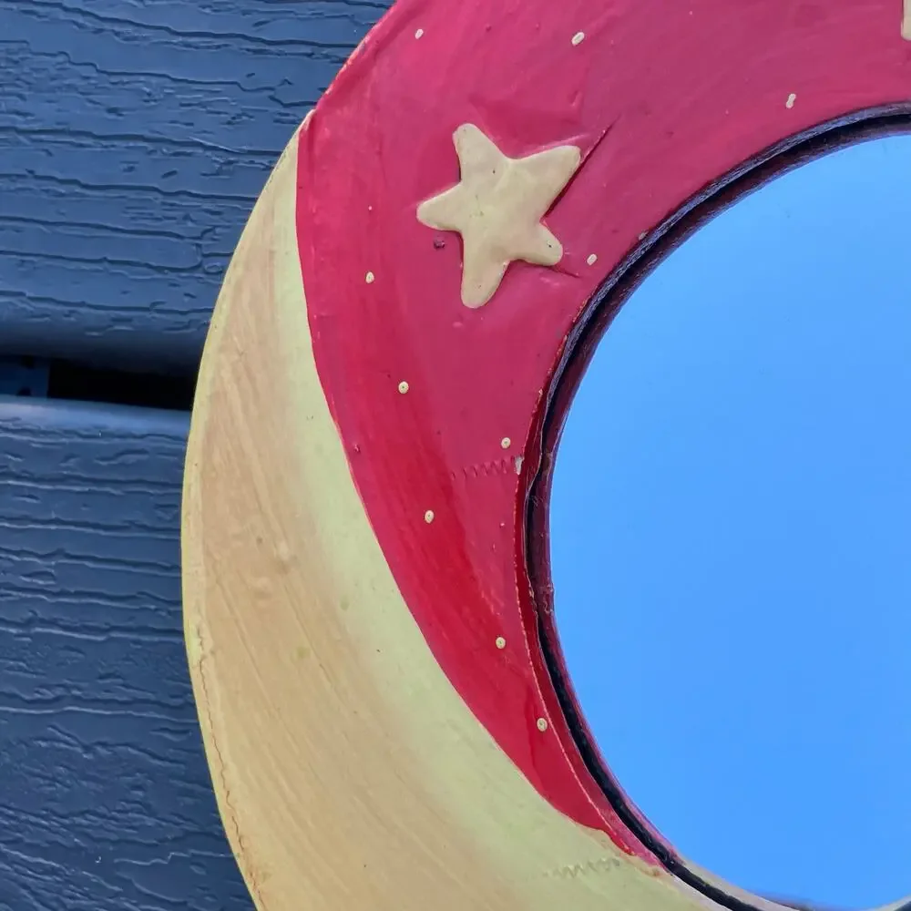 Vintage moon star celestial wooden mirror, red and yellow bohemian hippie whimsy
